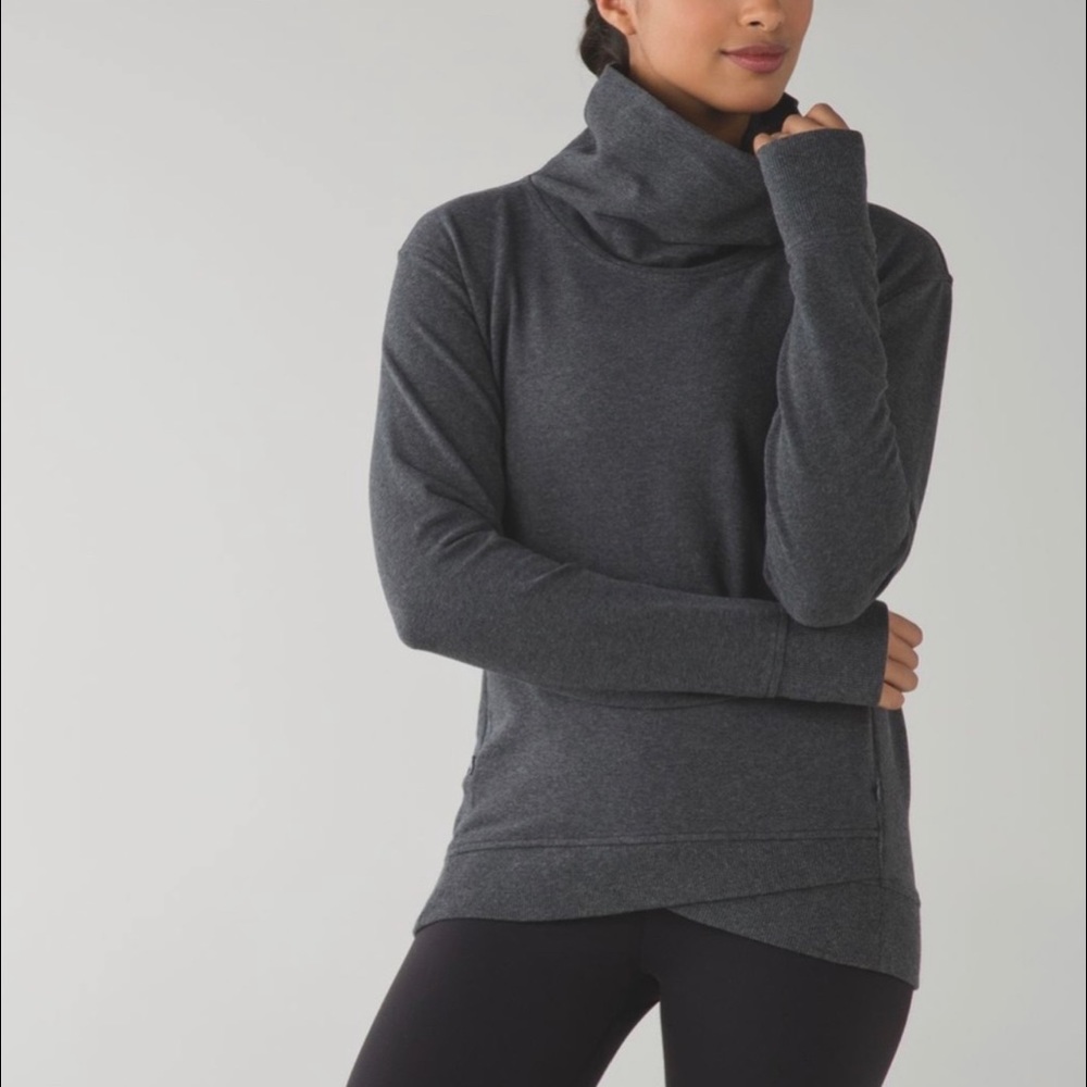 Lululemon On The Double Pullover Cowl Sweater thumbhole Heathered Dark Gray Sz 4
